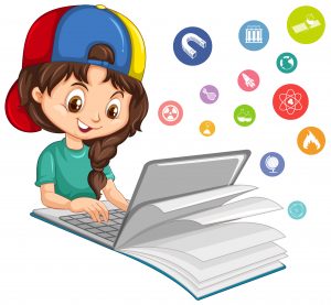 Girl searching on laptop with education icon isolated illustration