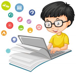 Nerdy boy searching on laptop with education icon cartoon style isolated on white background illustration